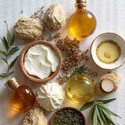 Close-up of natural ingredients like dried herbs, shea butter, and oils arranged aesthetically